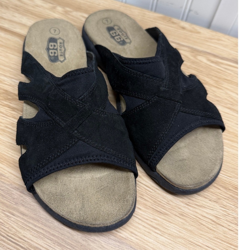 Route 66 Slide Sandals Women Size 7 Black Excellent Leather Cross Strap Slip On
